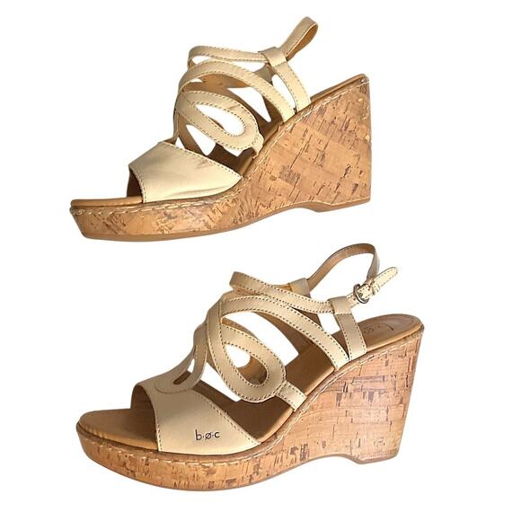 BOC Born Concept Sandals Womens Slingback Cork Wedge Beige Leather Strappy 10M - Picture 7 of 11